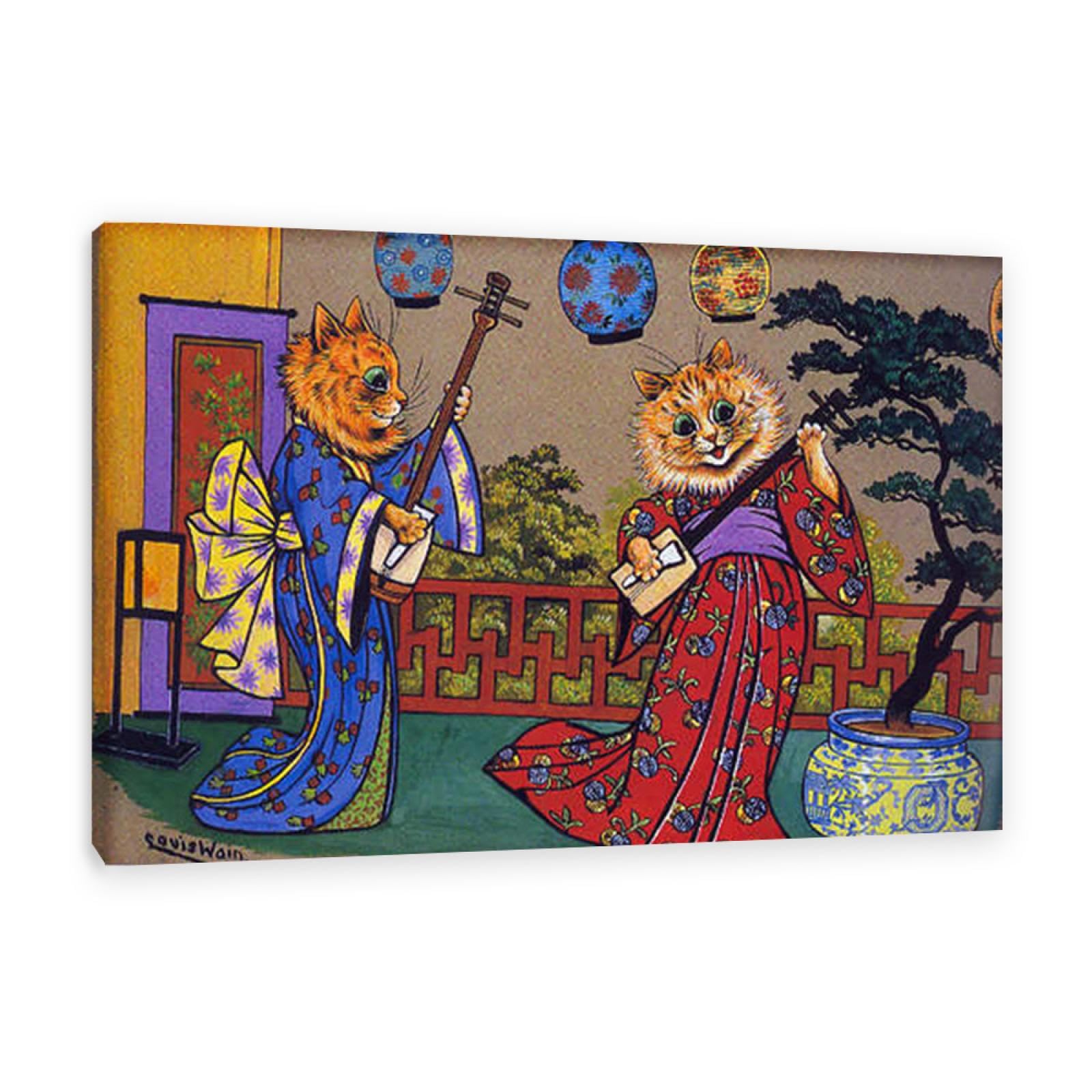 MYCGGDGH Louis Wain Pittura su Tela Animali musicali Due gatti Stampe Gatti Quadri Famosi Louis Wain Poster Quadri Moderni Soggiorno Astratti120x80cm(47x31in) Con cornice
