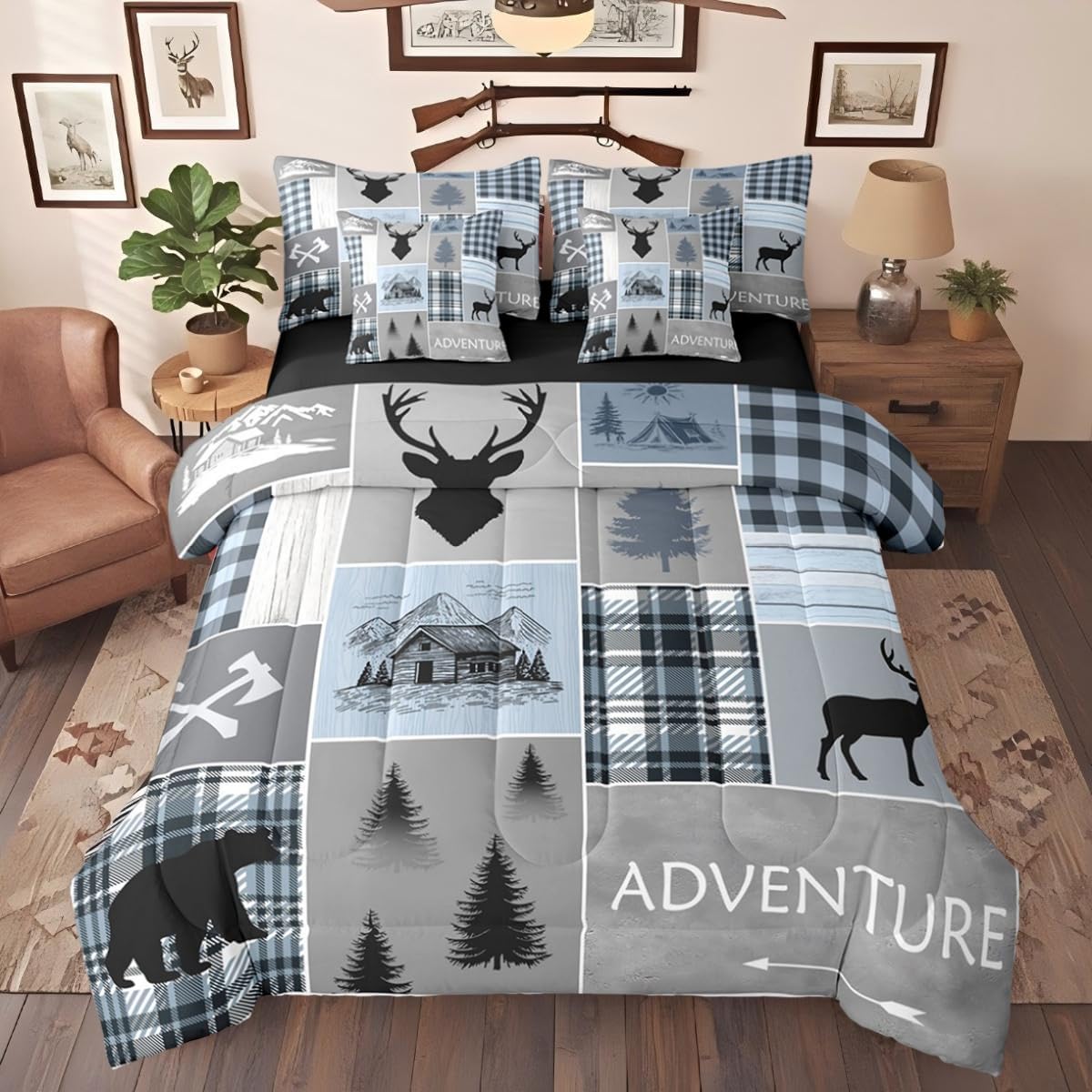 Erosebridal Bear Queen Bedding Set 7 Pieces, 1 Deer Moose Comforter,1 Rustic Cabin Fitted Sheet, 1 Farmhouse Lodge Flat Sheet, 2 Buffalo Plaid Pillow Cases, 2 Woodland Wildlife Throw Pillow Covers