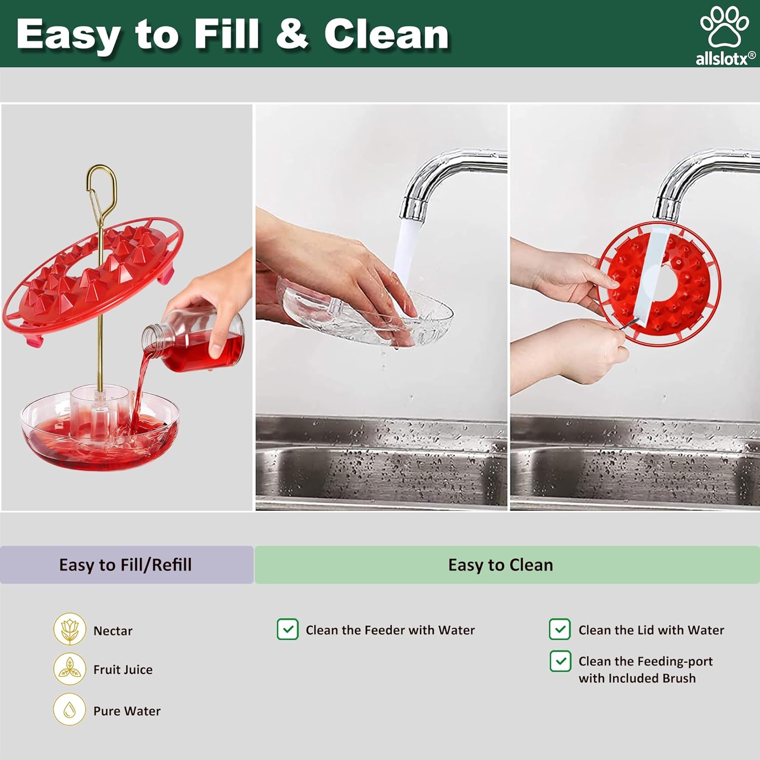 Hummingbird Feeders for Outdoors Hanging (2 Pack) 25 Ports 16 oz Nectar Capacity, Ant Wasp Bee Proof, Leak-Proof with Sealing Ring, Reinforced Hanging Hook, Easy to Clean by Includes Cleaning Brushes