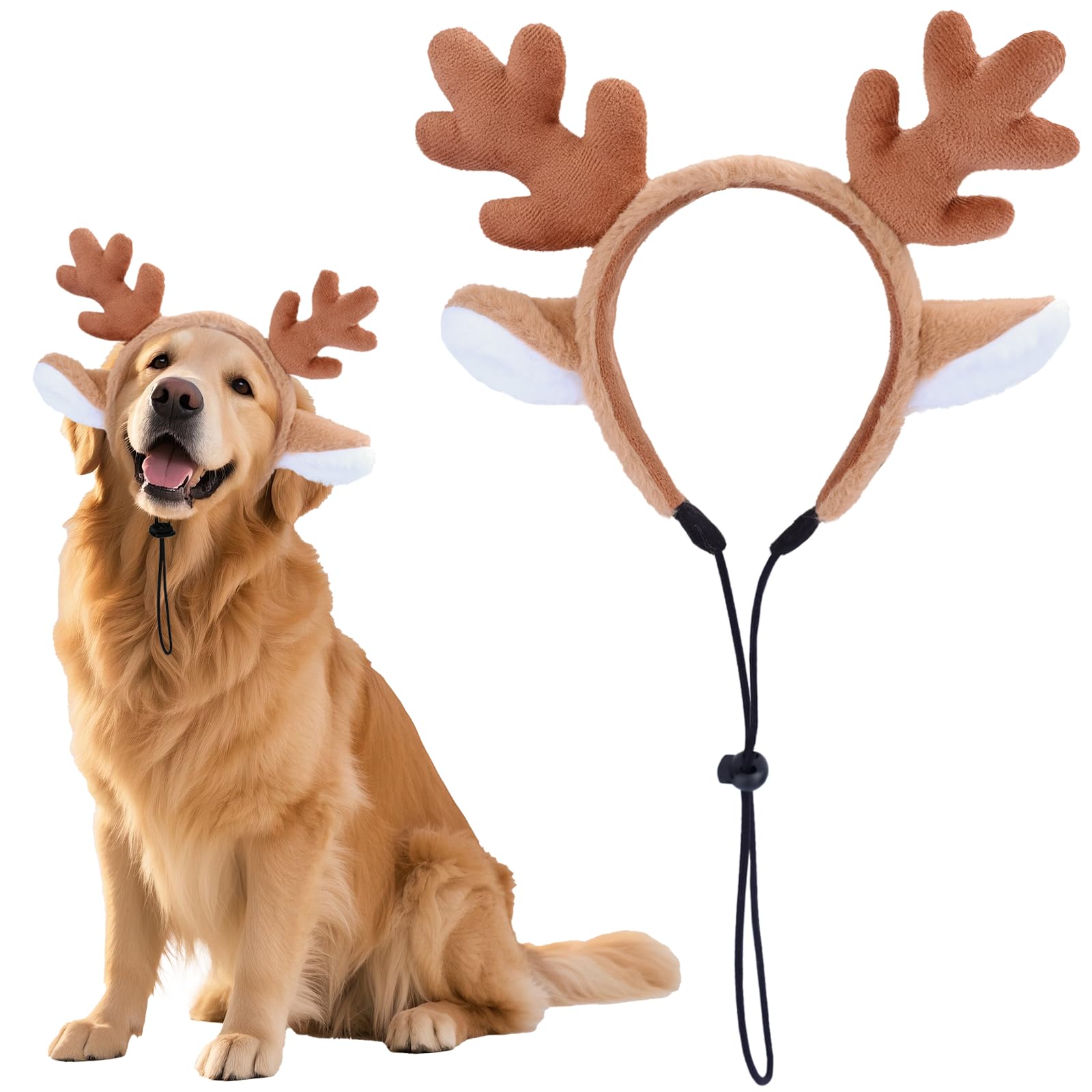 SIOTMERA Dog Reindeer Antlers Headband, Adjustable Christmas Pet Deer Costume Hat, Fluffy Elastic Reindeer Headwear for Medium Large Dogs, Gift Accessories for Birthday Halloween Cosplay Party