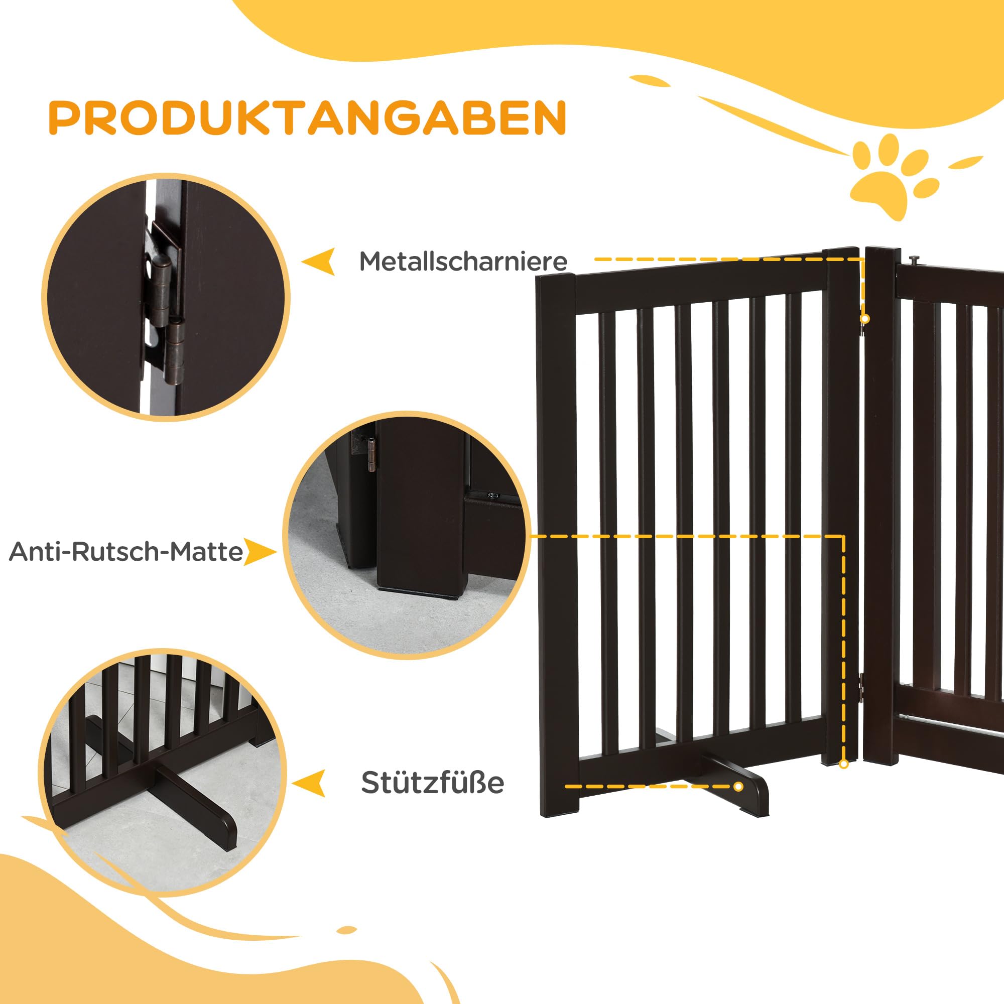 PawHut Absperrgitter Hund Freistehend Verstellbar 155 x 76 cm Dunkelbraun | Schutzgitter mit Füßen, Holz Hundegitter, Klappbar, Treppenschutzgitter, für Treppen Türen Küche Flur, 3 Paneelen