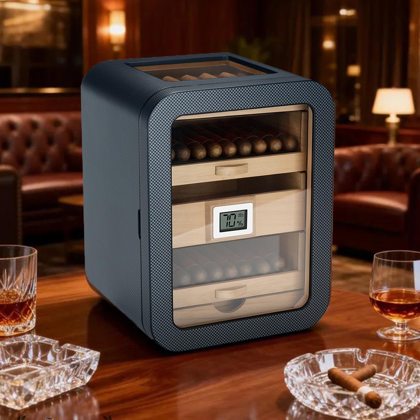Humidificador De Puros, Caja De Escritorio De Gran Capacidad para 100 Puros, con HigróMetro, CajóN para Accesorios Y Estantes De Madera De Cedro, Ideal para Hombres, Esposos Y Padres E