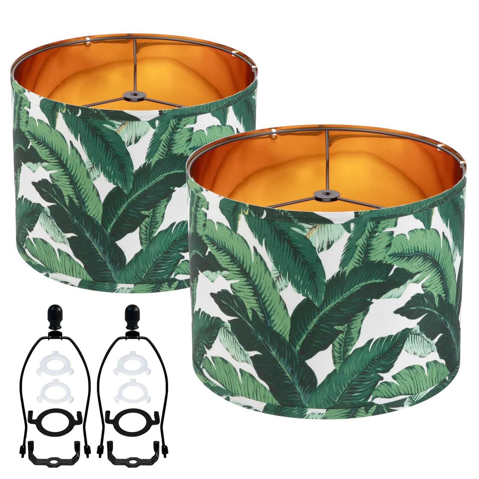 Farmhouse Lamp Shade Set of 2 - Vintage Barrel Drum Style, 11.8" Width x 5" Height, White And Green Tropical Leaf Pattern Design for Table/Floor/Wall Lamps, Easy Assembly with Harp Holder