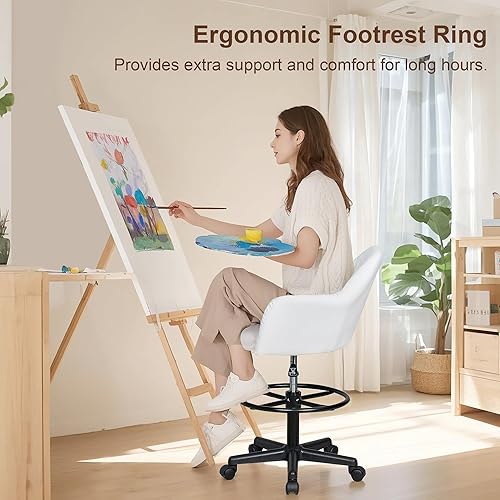 Miniatura 7 de VECELO Silla de dibujo de piel sintética con respaldo bajo y reposapiés, altura ajustable, ruedas giratorias, para dibujoescritorio de pieoficina,