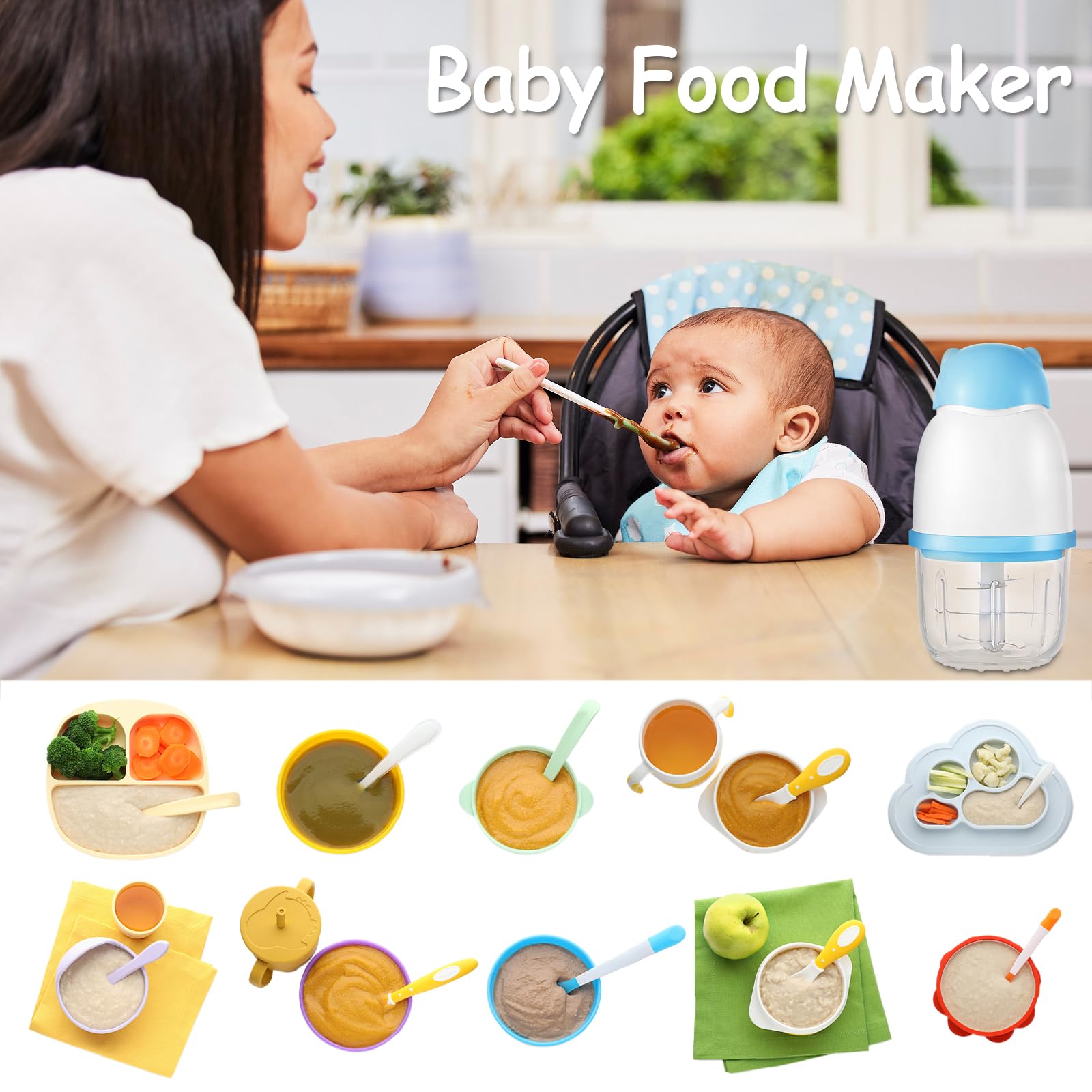 Máquina de alimentos para bebés, procesador de alimentos inalámbrico, licuadora de puré con cuenco de vidrio de 11.8 fl oz y 6 cuchillas afiladas, pequeño cortador inalámbrico para hacer puré de bebé 5