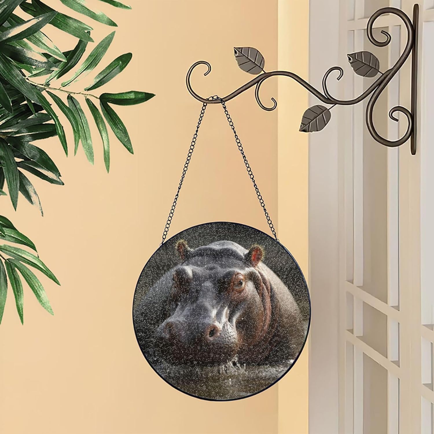 Stained Glass Window Hanging 10in（25cm）, Hippo Sun Catchers Indoor Window, Stained Glass Suncatcher Ornament with Metal Chain, Wall Art Home Decor Gift for Women Mother's Day