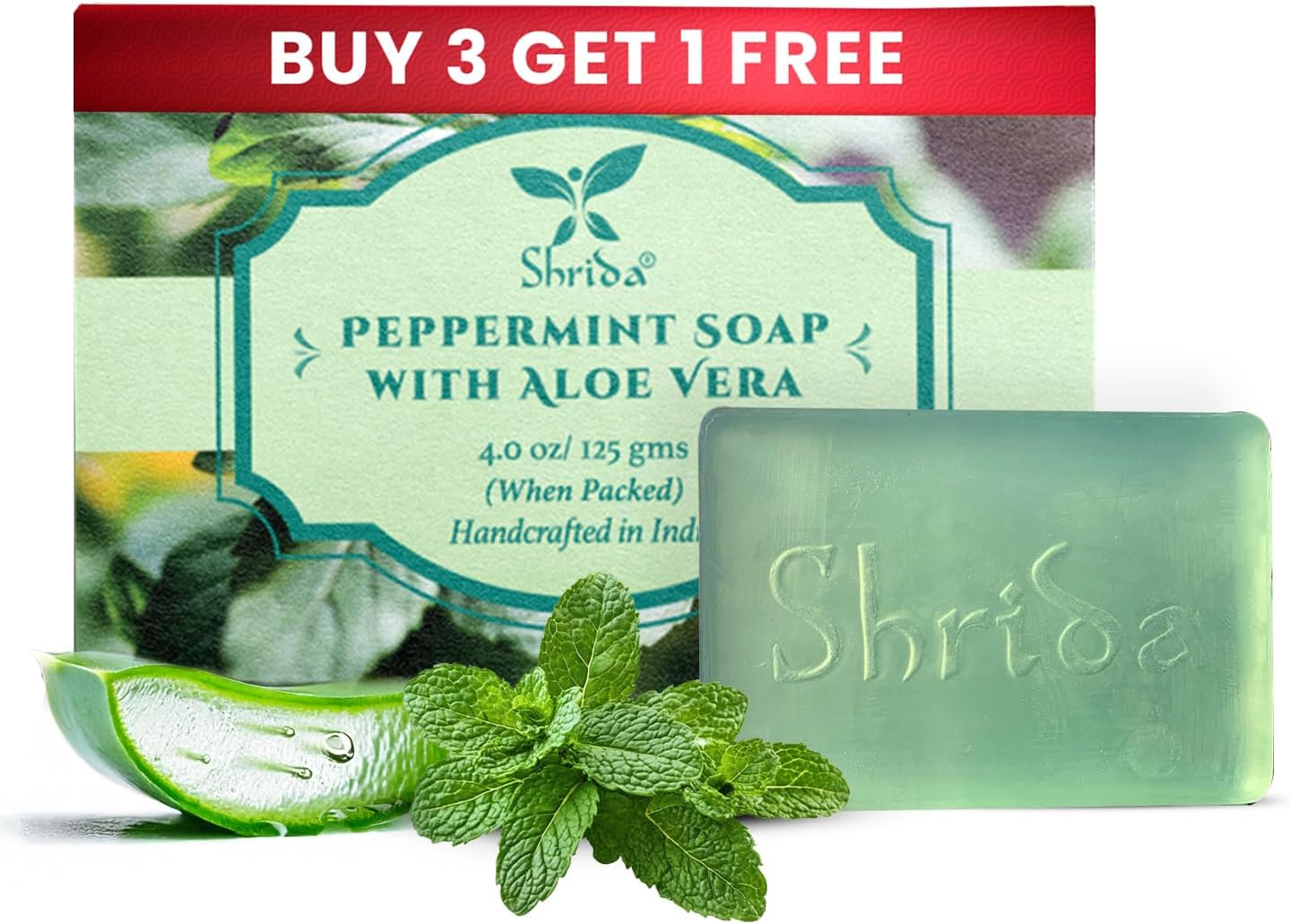 Peppermint Essential Oil Soap with Aloe Vera | Handmade Organic Herbal Soap for Invigorating & Refreshing Skincare | Moisturizing, Sulfate-Free, Paraben-Free | Pack of 4 (125g Each)