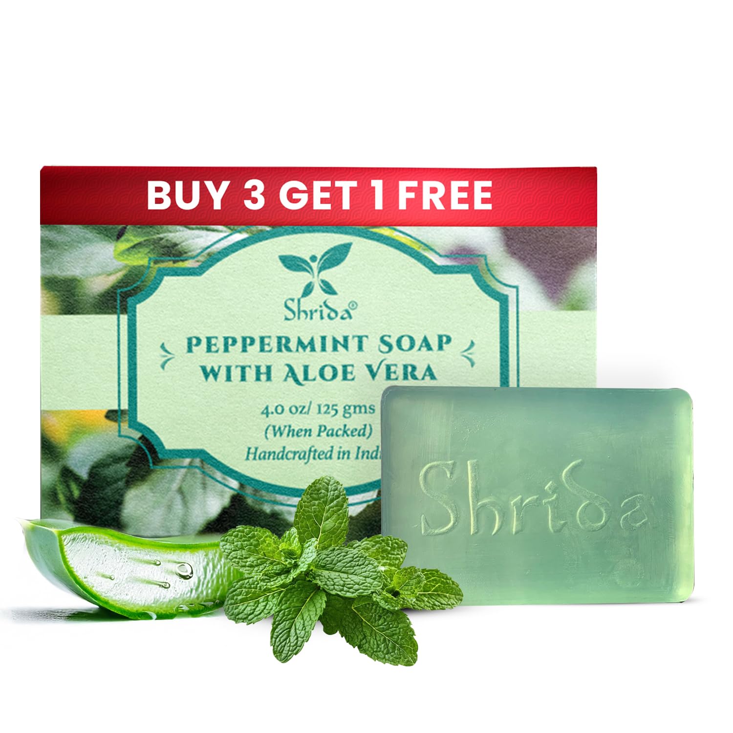 Peppermint Essential Oil Soap with Aloe Vera | Handmade Organic Herbal Soap for Invigorating & Refreshing Skincare | Moisturizing, Sulfate-Free, Paraben-Free | Pack of 4 (125g Each)