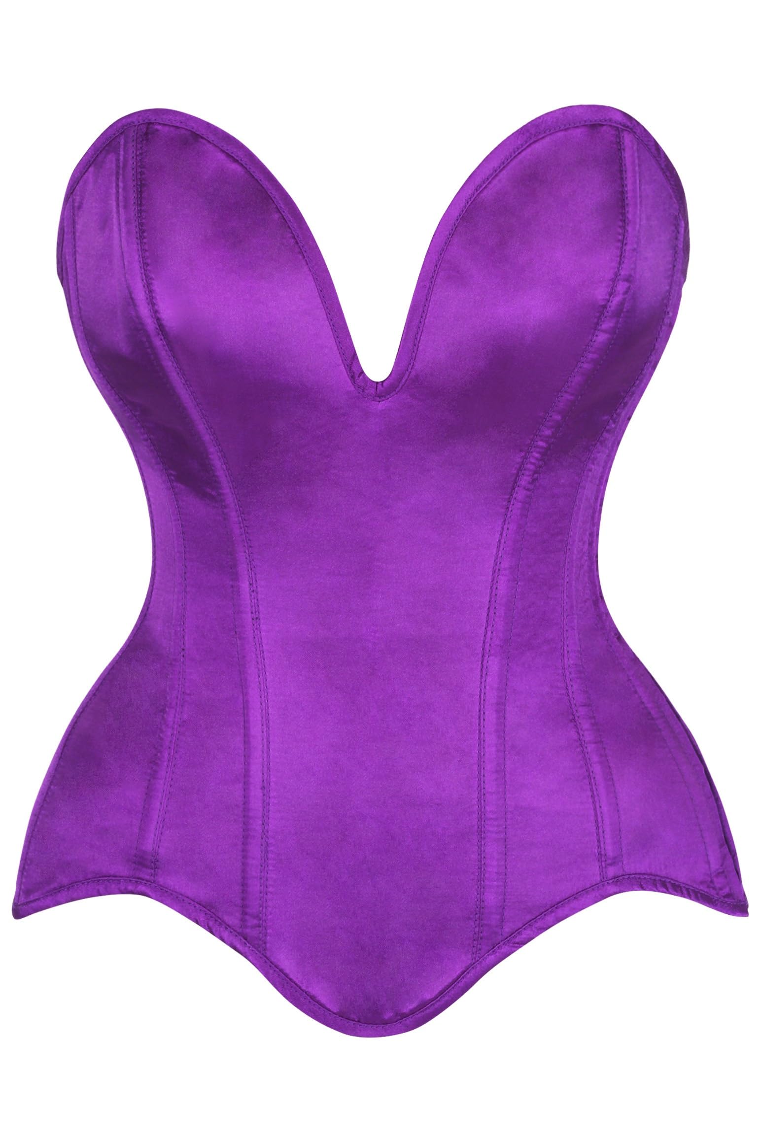 Daisy corsets Womens Top Drawer Steel Boned Dark Purple Satin Plunge Neckline Overbust Corset, Purple, XS
