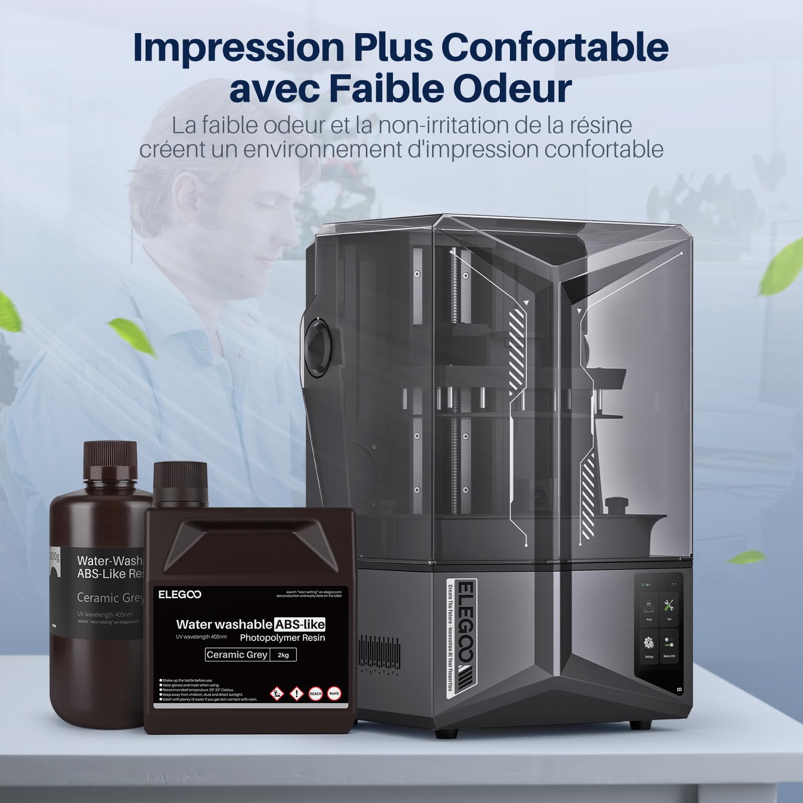 ELEGOO Résine ABS-Like Lavable à l'eau pour Imprimante 3D LCD UV 405nm Résine Photopolymère, Haute Résistance, Faible Viscosité, Haute Précision, Noir 1000G