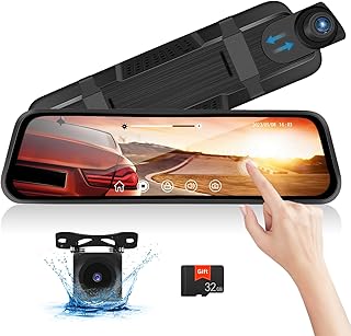 Mirror Dash Cam,9.66 Inch Rear View Mirror 1080P Front and Rear View Dual Cameras,Night Vision,G-Sensor,Parking Assistance,24H Parking Monitor,HD Waterproof Backup Camera+32GB Card for Cars/Trucks