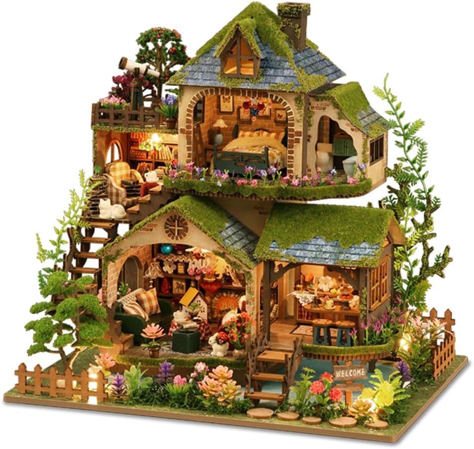 Yuzhen DIY Miniature Dollhouse with Furniture and LED Lights, Wooden Dollhouse Includes Dustcover and Music Movement