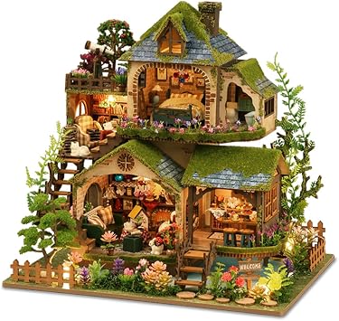 Yuzhen DIY Miniature Dollhouse with Furniture and LED Lights, Wooden Dollhouse Includes Dustcover and Music Movement