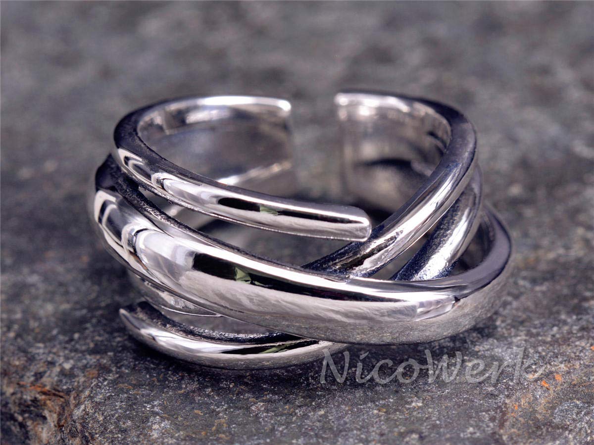 NicoWerk Anillo de plata de ley 925 para mujer, ancho, liso, calado, ajustable, abierto, SRI454, Plata de ley