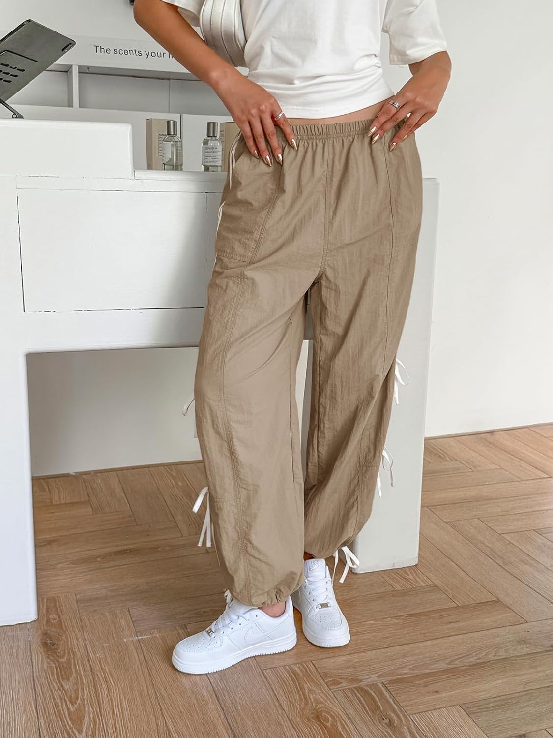 Fisoew Women’s Wide Leg Track Pants Casual Elastic Waist Bow Tie Y2K Baggy Sweatpants with Pockets - Image 2