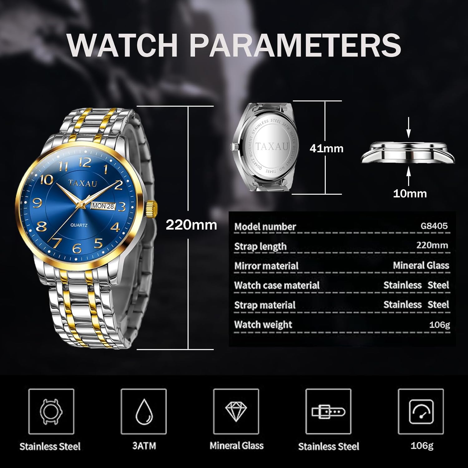 Mens Watch Gold Blue Face Stainless Steel Mens Wrist Watch Waterproof Two Tone Watches for Men Luxury Dress Watch with Date & Roman Number Dial - Image 4