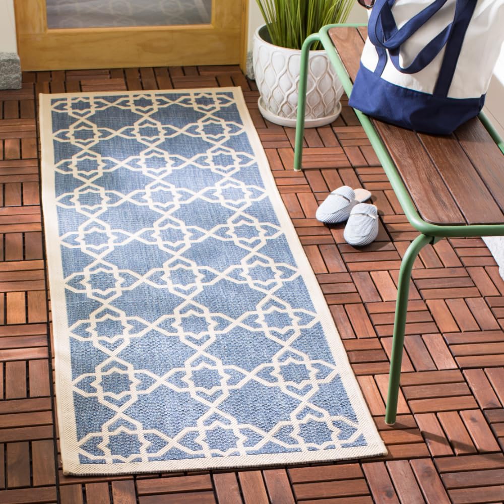 SAFAVIEH Washable Rug Outdoor Courtyard Collection - 2'3" x 10' Runner, Blue & Beige, Non-Shedding & Easy Cleaning, Ideal for Patio, Entryway, Mudroom