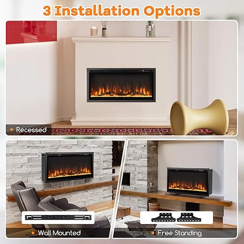 Miniatura 7 de ORALNER Inserto de chimenea eléctrica de 36 pulgadas de ancho, empotrado y montado en la pared con termostato, 9 colores de llama y 5 brillo