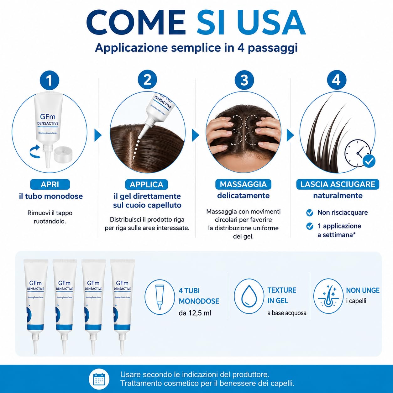 GFM Densactive Gel Trattamento Anticaduta Capelli Uomo Donna Rinforzante | 4 tubi da 12,5 ml - AZIONE RINFORZANTE PER CAPELLI PIÙ FORTI E DALL'ASPETTO PIÙ DENSO - FACILE DA UTILIZZARE