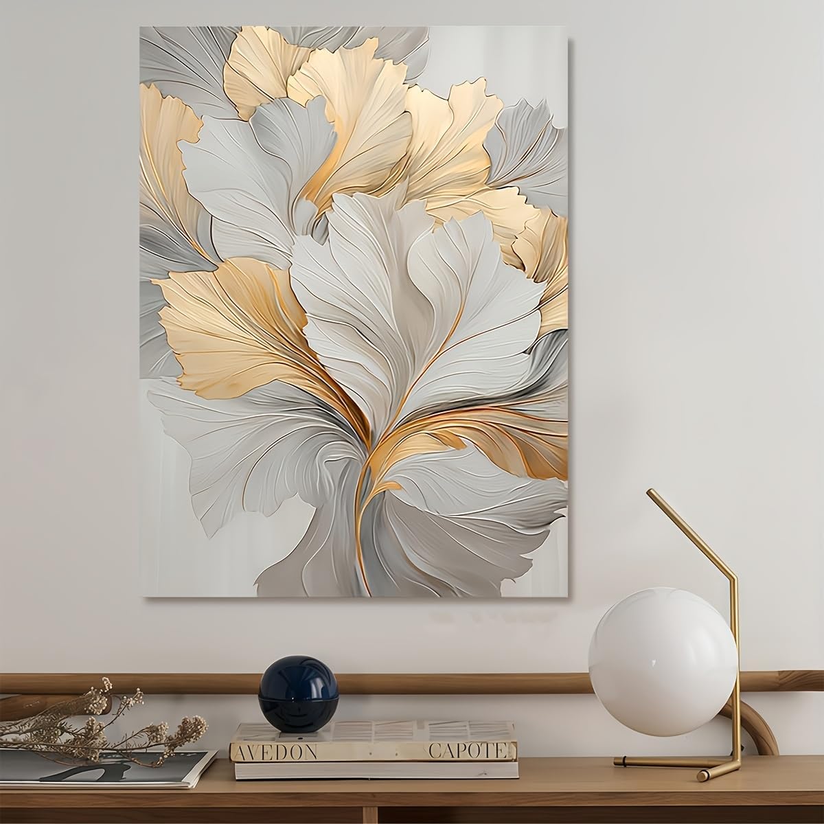LMYSXAOZ Elegant Golden and Beige Floral Design, Modern Canvas Wall Art, for Living Room Bedroom Decor(65x130cm/Frameless)