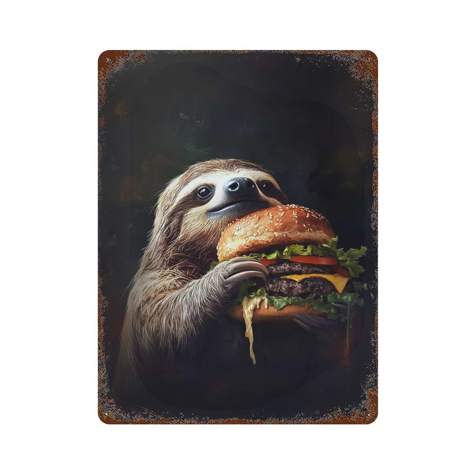 Sloth Eating Burger Decorative Tin Sign 15.7"x11.8", Farmhouse Wall Decor for Living Room, Hallway And Home Decor