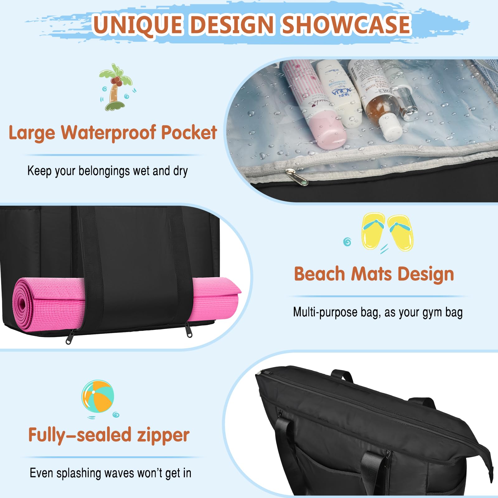 Grand Sac Plage Femme avec Fermeture Éclair XXL Famille 45L Sac de Plage Imperméable Sacs Caba Plage Pliable Beach Tote Bag pour Piscine Gym Vacance