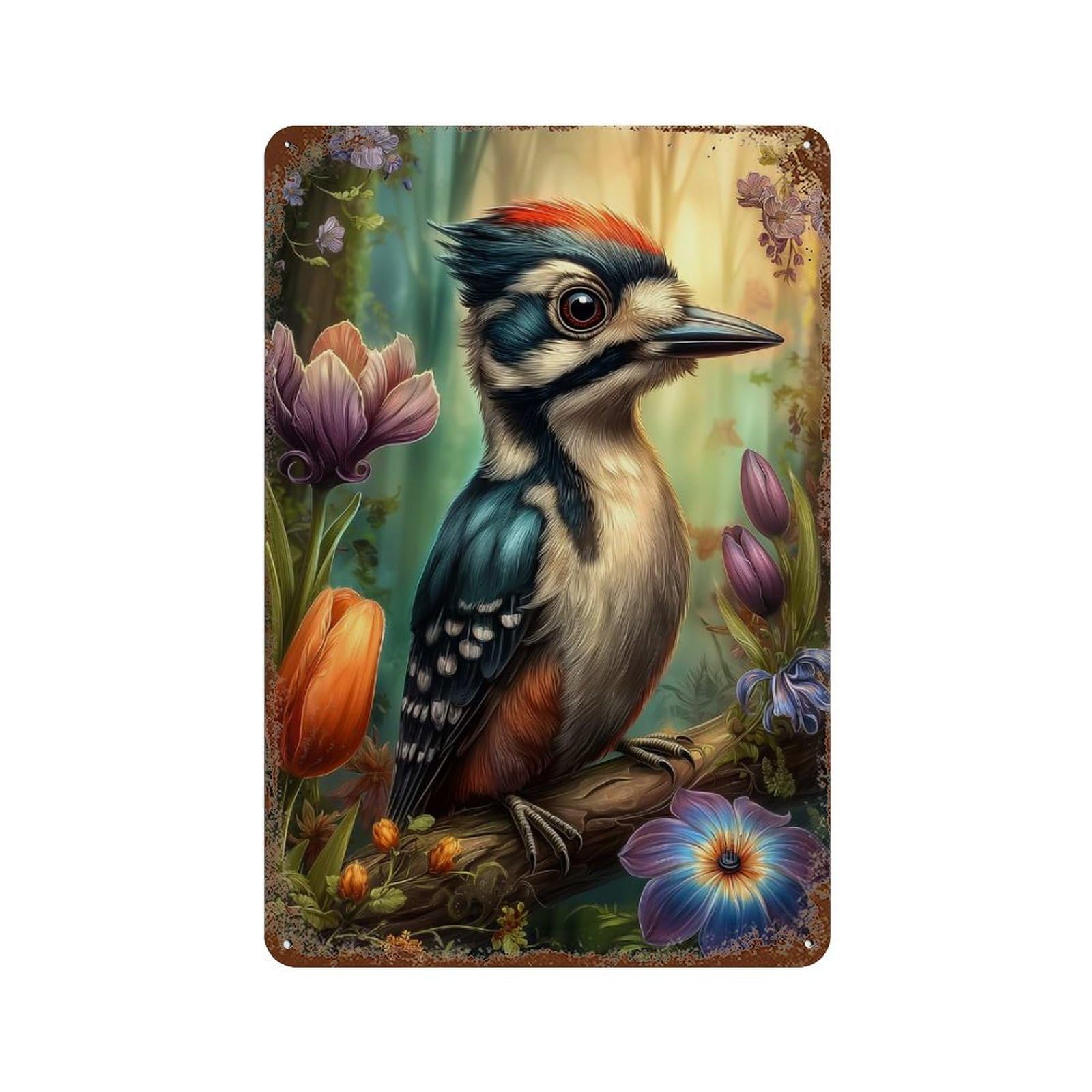 Woodpecker in Floral Fantasy Weathered Tin Sign 11.8"x7.9", Ideal for Shed, Workshop And Garage Wall Decor