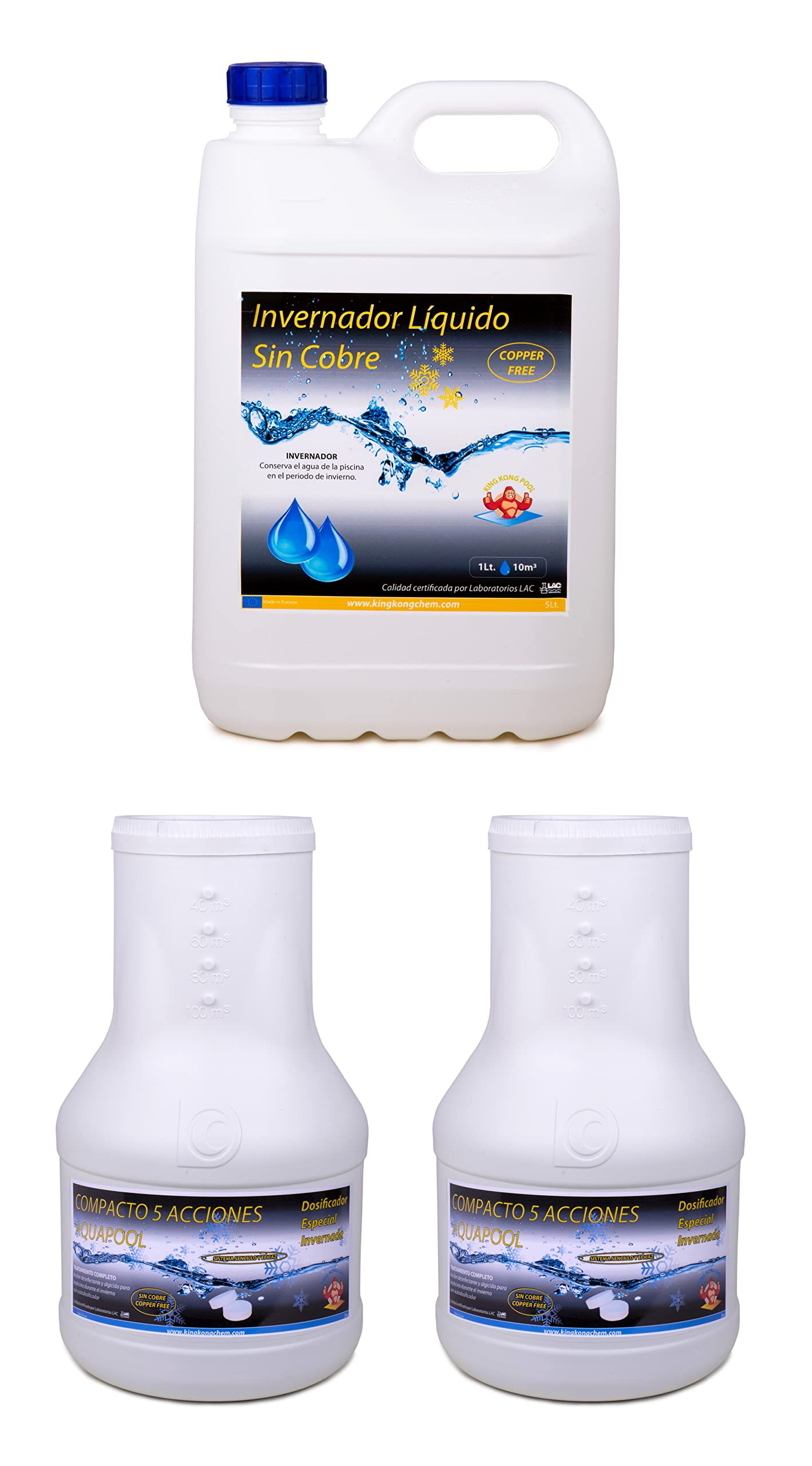 Kit invernaje Piscinas Grandes 2 DOSIFICADORES INVERNADA AQUAPOOL 4 KG + INVERNADOR LÍQUIDO SIN Cobre 5 litros - Tratamientos sin Cobre - Apto Piscinas Liner