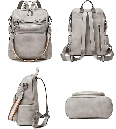 Miniatura 3 de OPAGE - Mochila de cuero para mujer con borla de moda bolso de hombro mochila grande bolsa de viaje gris L A-Marrón, Cera de Aceite Marrón, Cera de