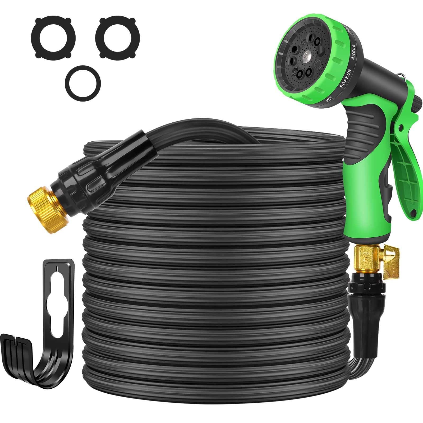 Garden Hose 50ft - Expandable Nano Rubber Latex Water Hose with 10-Function Spray Nozzle, 3/4" Solid Brass & Holder, Flexible Lightweight Leak-Proof Water Pipe for Car Washing, House Cleaning