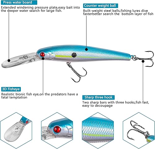 Miniatura 9 de Crankbait Minnow Fishing Lures,10pcs Topwater Lure with Treble Hooks Hard Baits Swimbaits 3D Fishing Eyes Life-Like Bass Crank Bait for Trout Bass