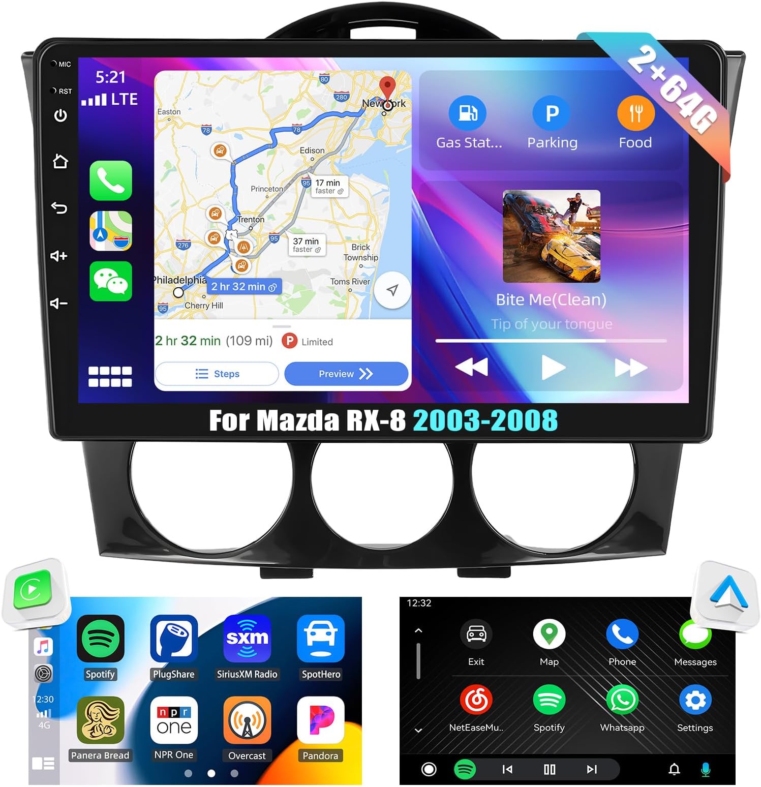 2G+64G Android 13 Car Stereo for Mazda RX-8 2003-2008 with Wireless Carplay Android Auto,9” Touchscreen Car Radio with Mirror Link WiFi/GPS Navigation Bluetooth FM/RDS SWC+AHD Rear Camera
