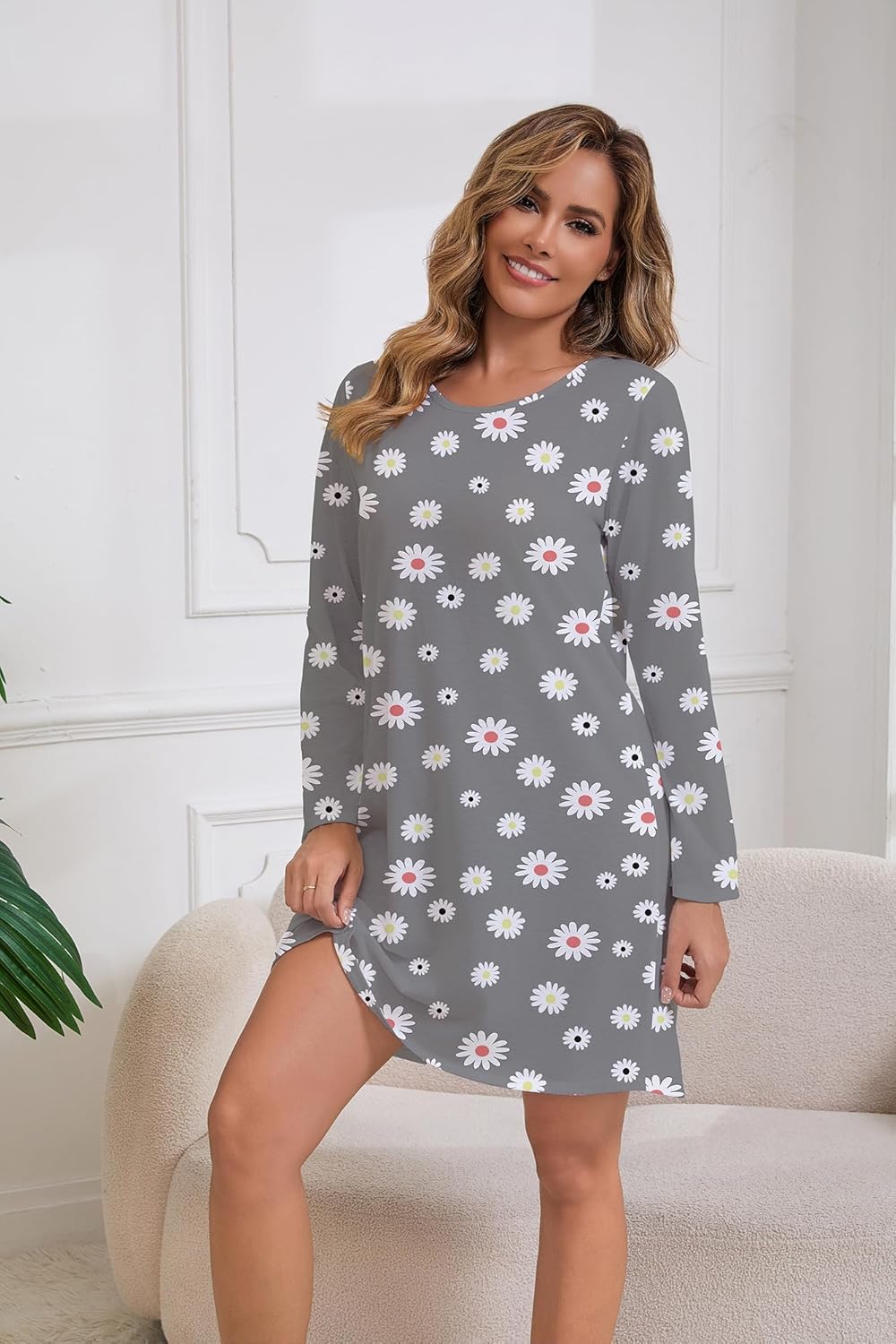 3 Pack Nightgowns for Women Soft Cotton Print Sleepshirts Womens Long Sleeve Sleep Tee Sleepwear - Image 3