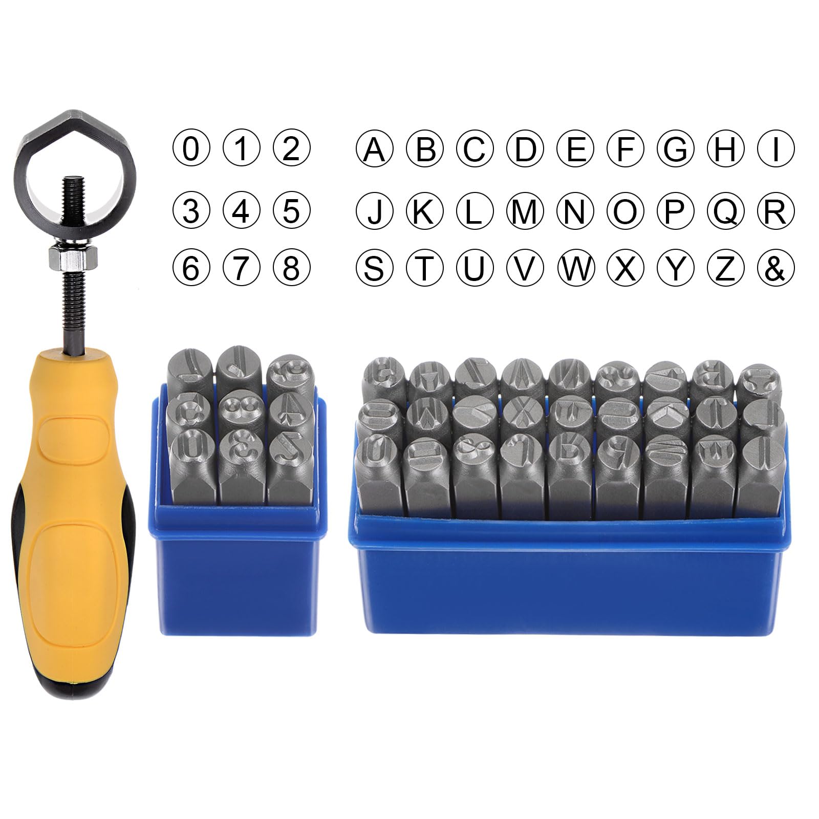 QUARKZMAN 36pz Metallo Stampaggio Kit 5/16" (8mm) (AZ, 0-8,"&" Simbolo) Acciaio Lettera Pugno Premere Utensile con Supporto per Stampa su Metallo, Plastica, Legno, Pelle, Argento