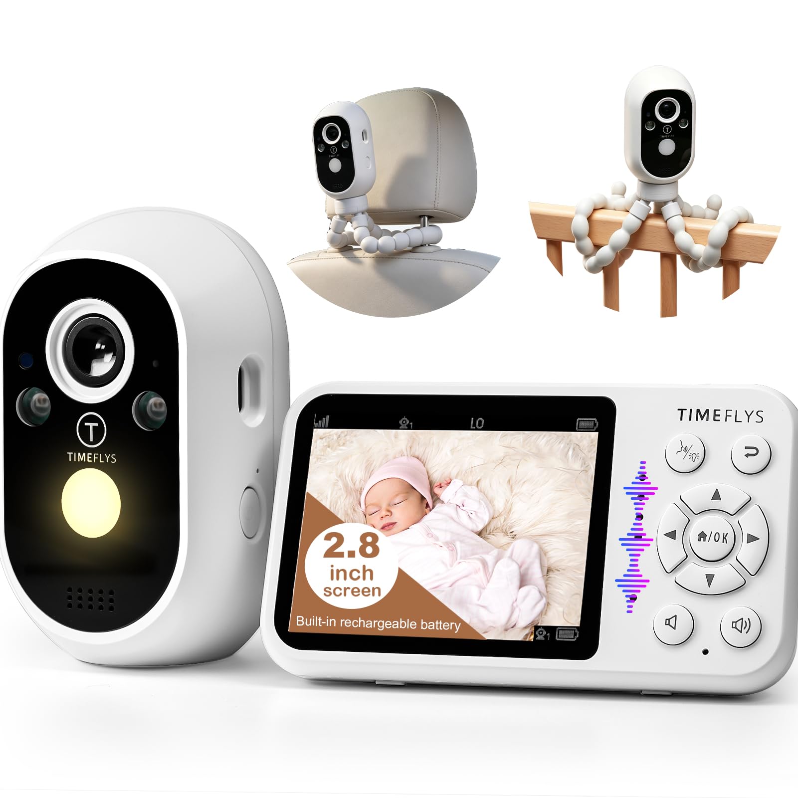 TimeFlys Moniteur vidéo pour bébé, deux unités rechargeables, utilisation en extérieur pour le camping, utilisation de caméra de voiture, appareil photo, batterie de 40 heures, vision nocturne, audio