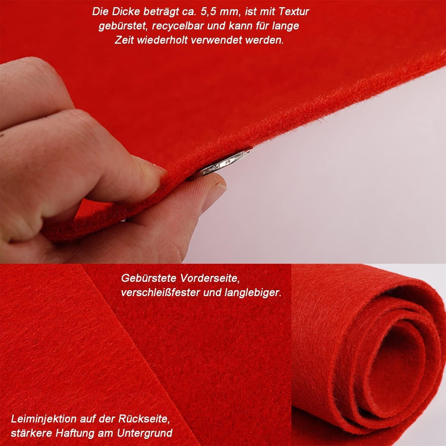 Tapis d'événement Rouge - 10 x 1 m - 5,5 mm - Chemin de mariage - Tapis de réception - Pour foires et événements