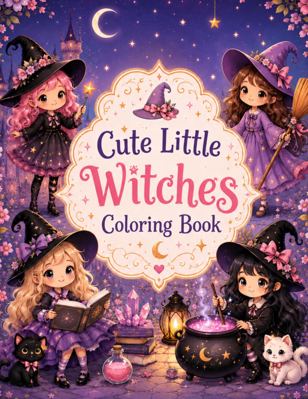 Cute Little Witches Coloring Book: Adorable Kawaii Anime Witch Girls Coloring Pages for Kids, Teens and Adults for Relaxation and Creativity