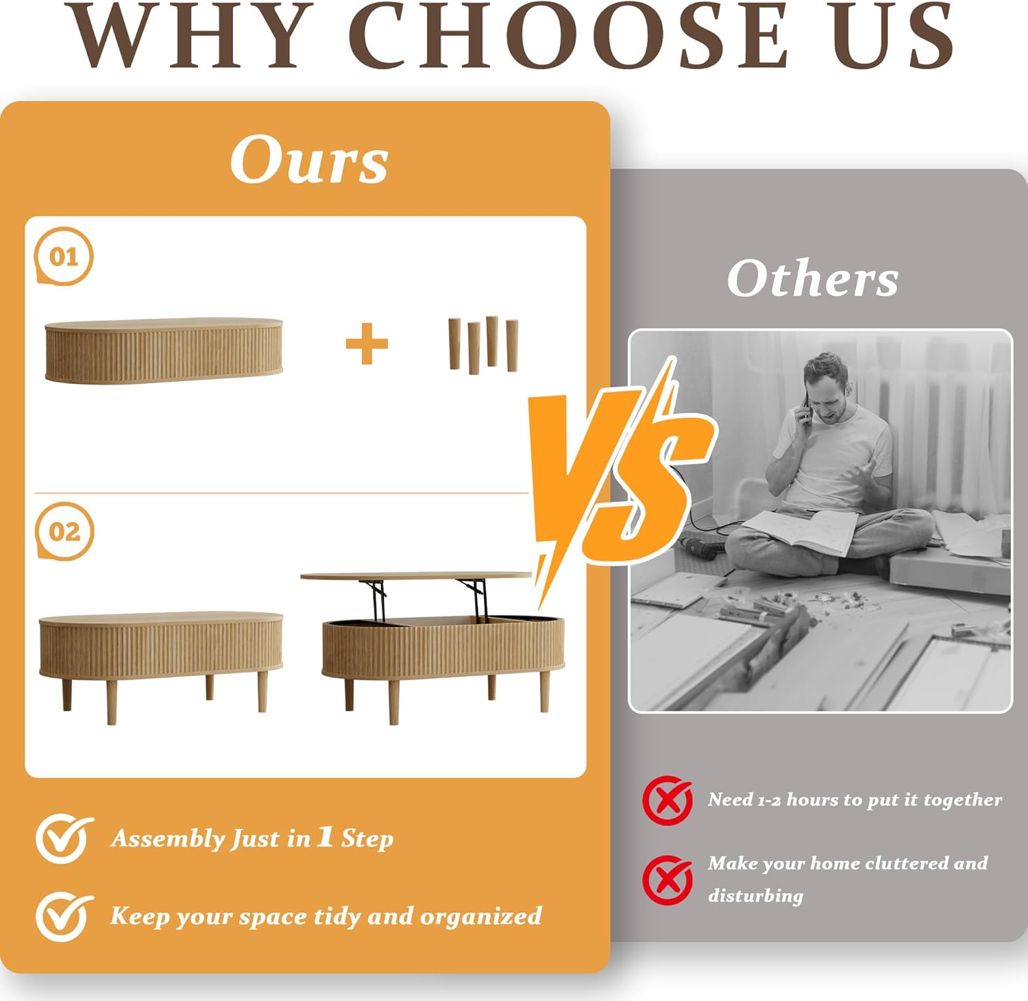 EAG Fluted Lift Top Coffee Table with Hidden Compartment, 39 Inch Modern Oval Coffee Table with 3 Storage, Fully Wooden Assembled Center Table for Living Room, Office, Natural