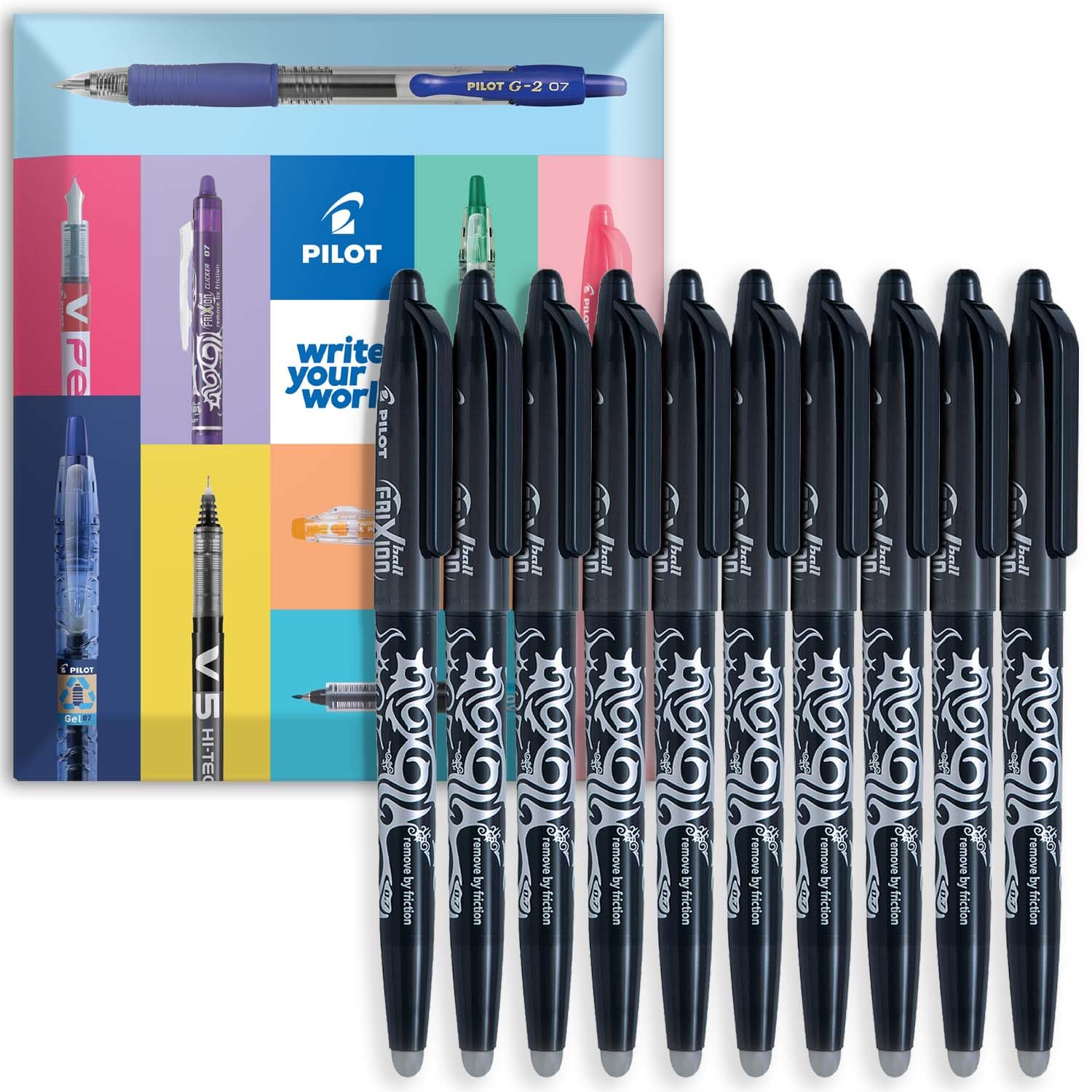 PILOT Frixion Heat/Friction Erasable Rollerball Pen FR7 - Medium 0.7mm Nib - In Envelope Gift Packaging - Pack of 10 (Black)