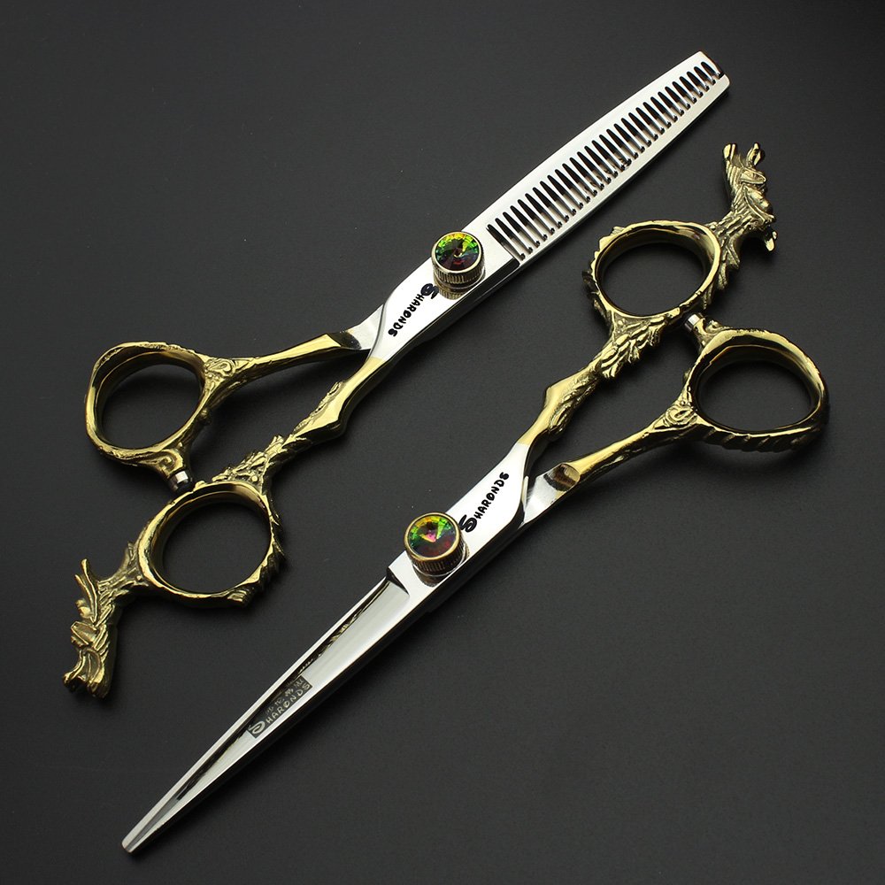 Japón Studio herramientas de modelado de peluquería profesional 6.0 pulgadas corte de pelo tijeras + tijeras de entresacar Gems enviado al azar