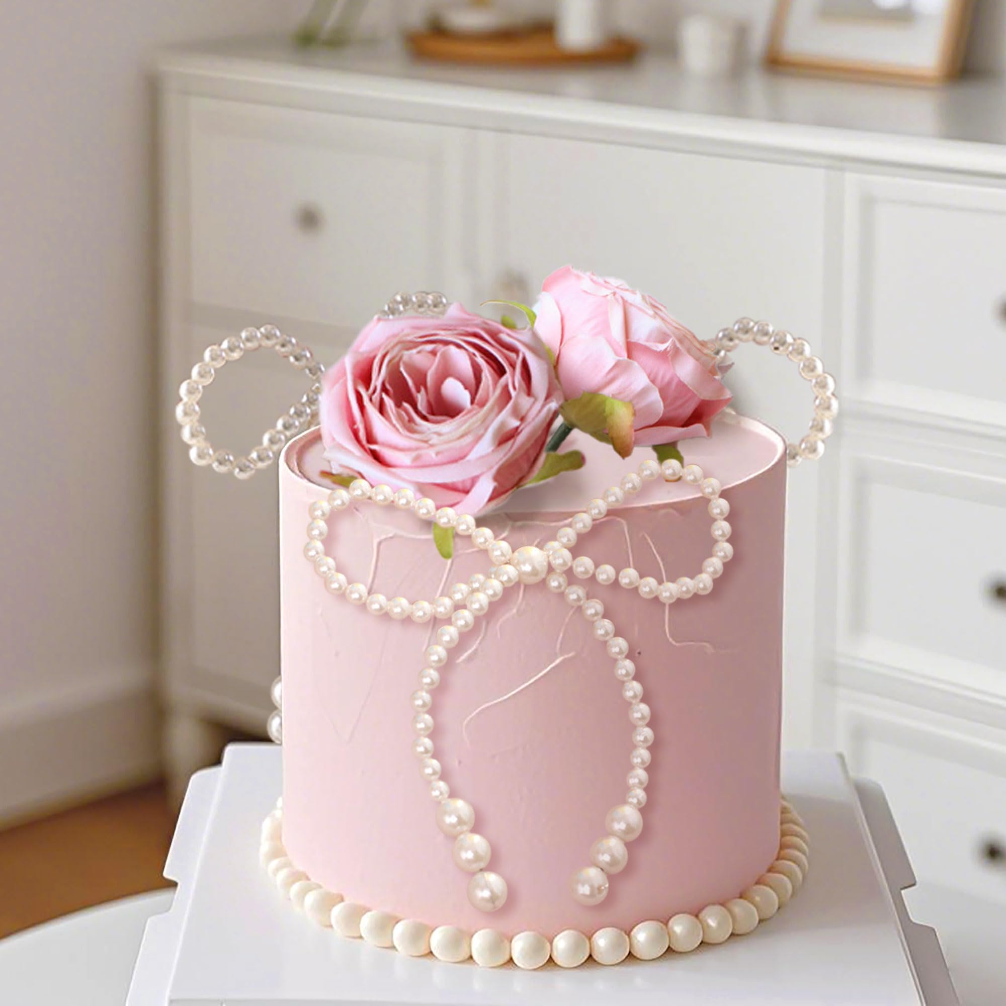 Pink Rose Coquette Pearl Bow Cake Toppers - Pearl Chain & Bowknot Decor For Wedding, Bridal Shower, Birthday Party