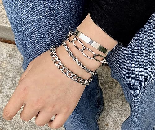 Chargances Juego de pulseras de cadena de cable plano grueso de oro para mujer, diseño de clip de papel en capas, pulseras de moda para mujeres y