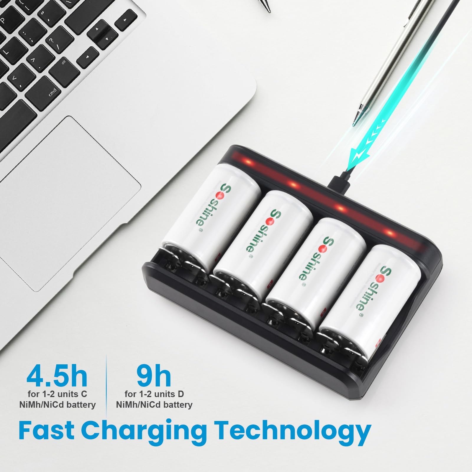 Batteries D rechargeables avec chargeur, chargeur de batterie intelligent à 8 baies avec 4 piles D 11000 mAh pour AAA/AA/SC/C/D Ni-MH Ni-CD