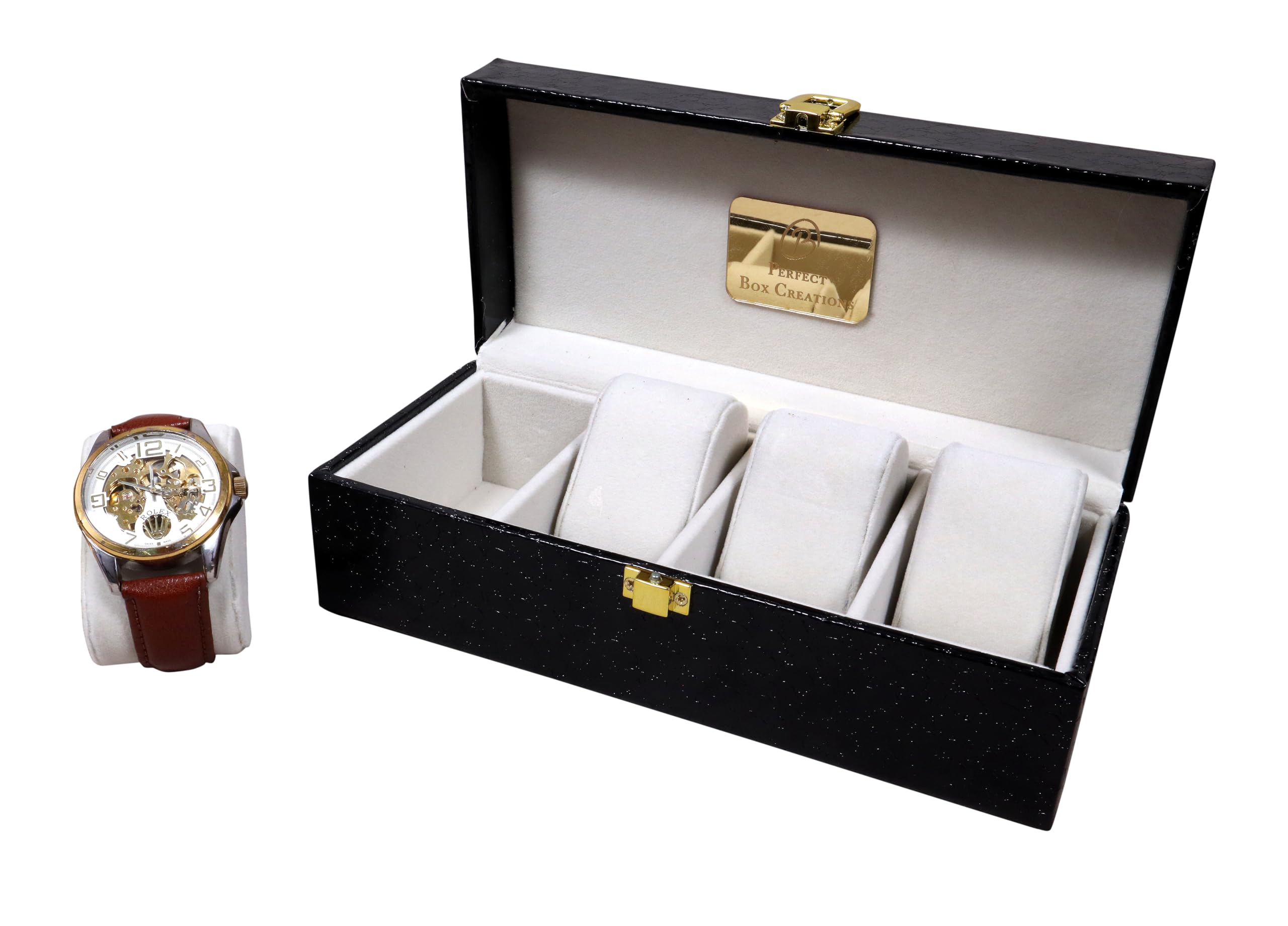 Perfect Box Creations Black PU Leather With Ivory Flock 4 Slots Watch Box Couple Box Jewellery Collection Storage Display Box Organizer Watch Case Gift Box D Lock Quality Finish For Men and Women (B0DBFCKNDP) Amazon Price History, Amazon Price Tracker