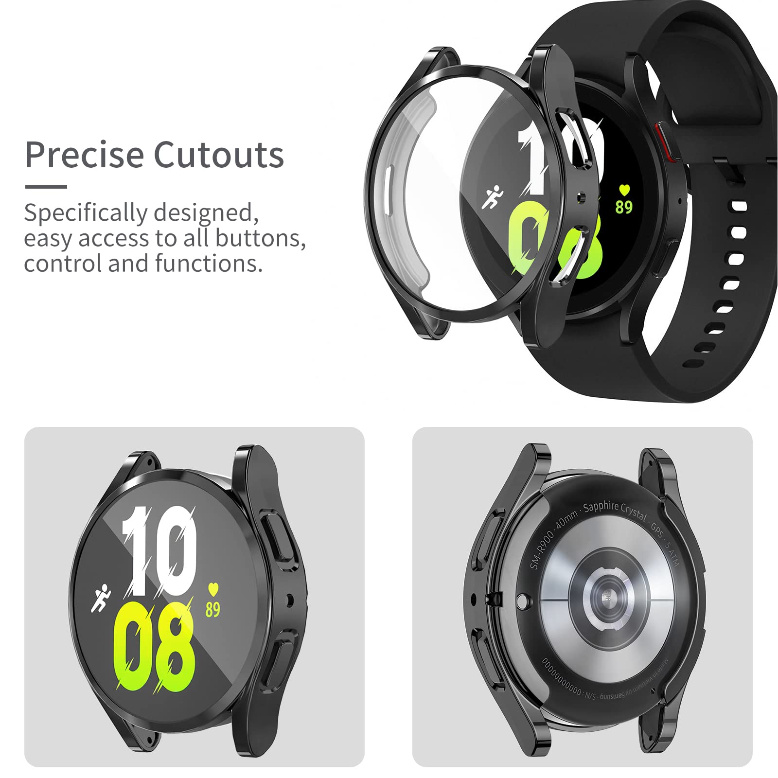 RICHONE Lot de 2 coques de protection d'écran compatibles avec Samsung Galaxy Watch 5/Galaxy Watch 4 40 mm Coque de protection complète en TPU souple avec cadre antichoc (noir + noir, montre 5/4 40