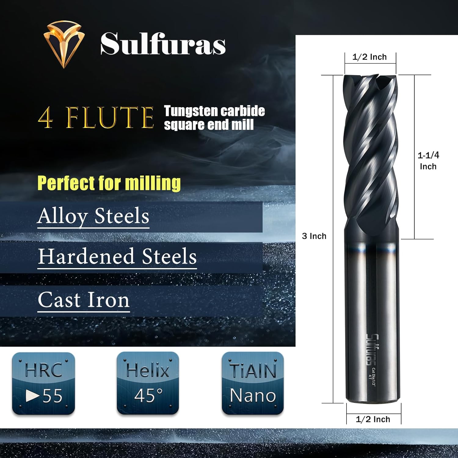 1/2" Carbide Square Nose End Mill Set (1 Pcs), 4 Flute CNC Mill Bits Tools for DIY & Professional, Solid Carbide Cutter (Tungsten Carbide + Cobalt) for Milling Steel and Metals (1Pcs, 1/2)