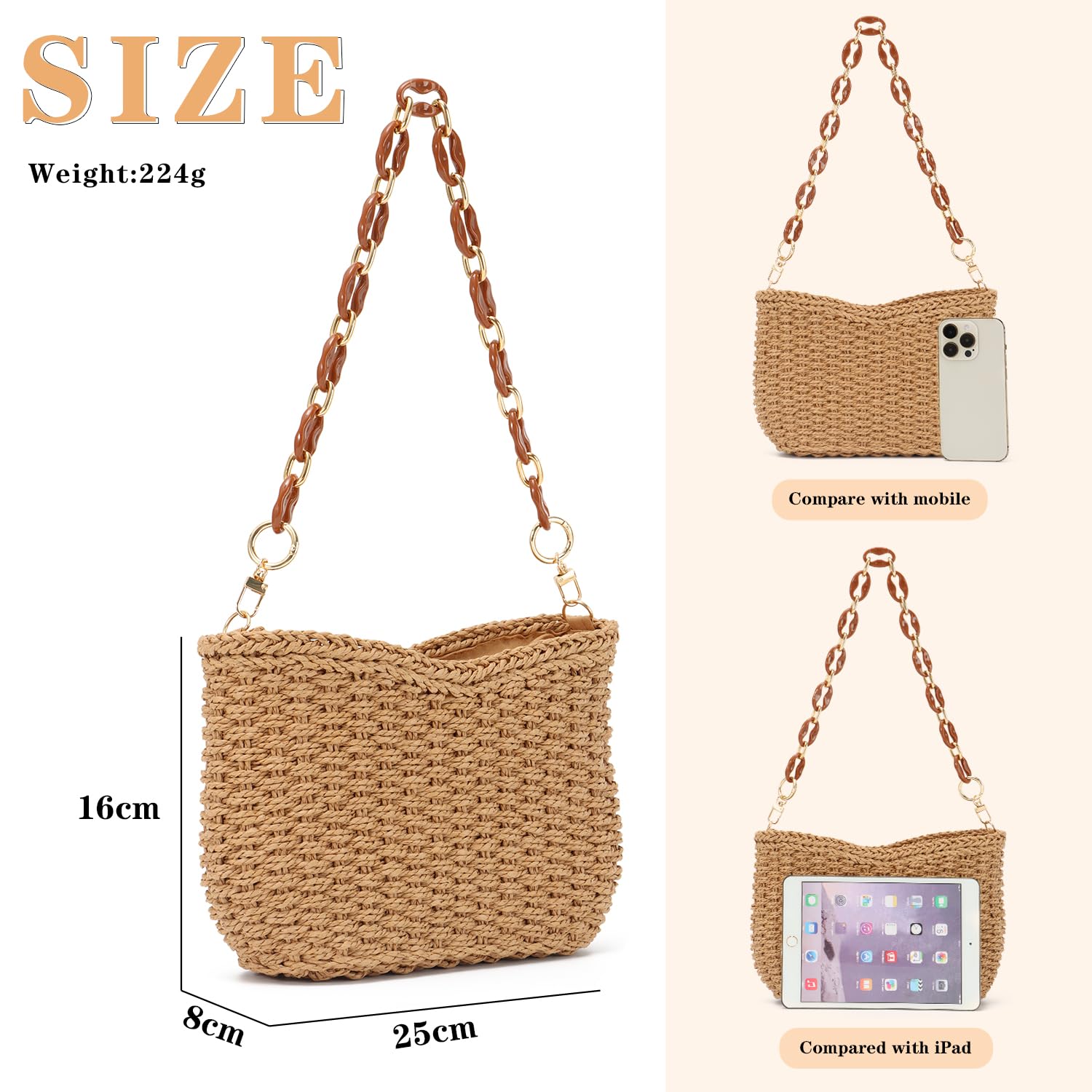 SUKUTU Borsa a Tracolla in paglia Intrecciata per Donne Borsa estiva da Spiaggia Borsetta Crossbody Satchel a Catena