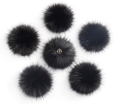 Pack of 6 Detachable Faux Fox Fur Pom Poms for Hats with Snap 4.3inch/11CM DIY Handmade Accessories Black