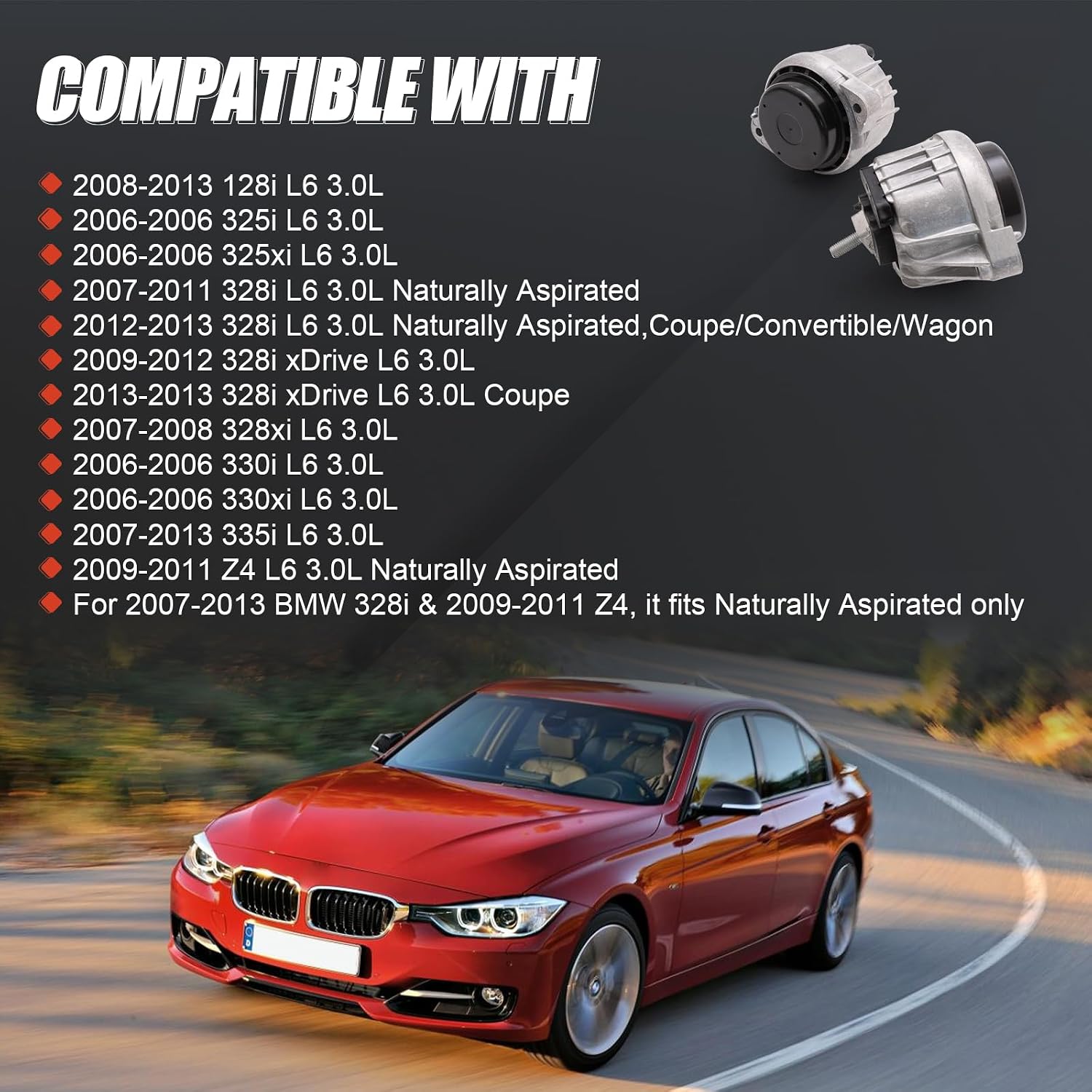 2PCS Front Left Right Engine Motor Mount Set Compatible with BMW 128i 325i 325xi 328i 328i xDrive 328xi 330i 330xi X1 Z4, Fit L6 3.0L Only, Replace# 22116760330