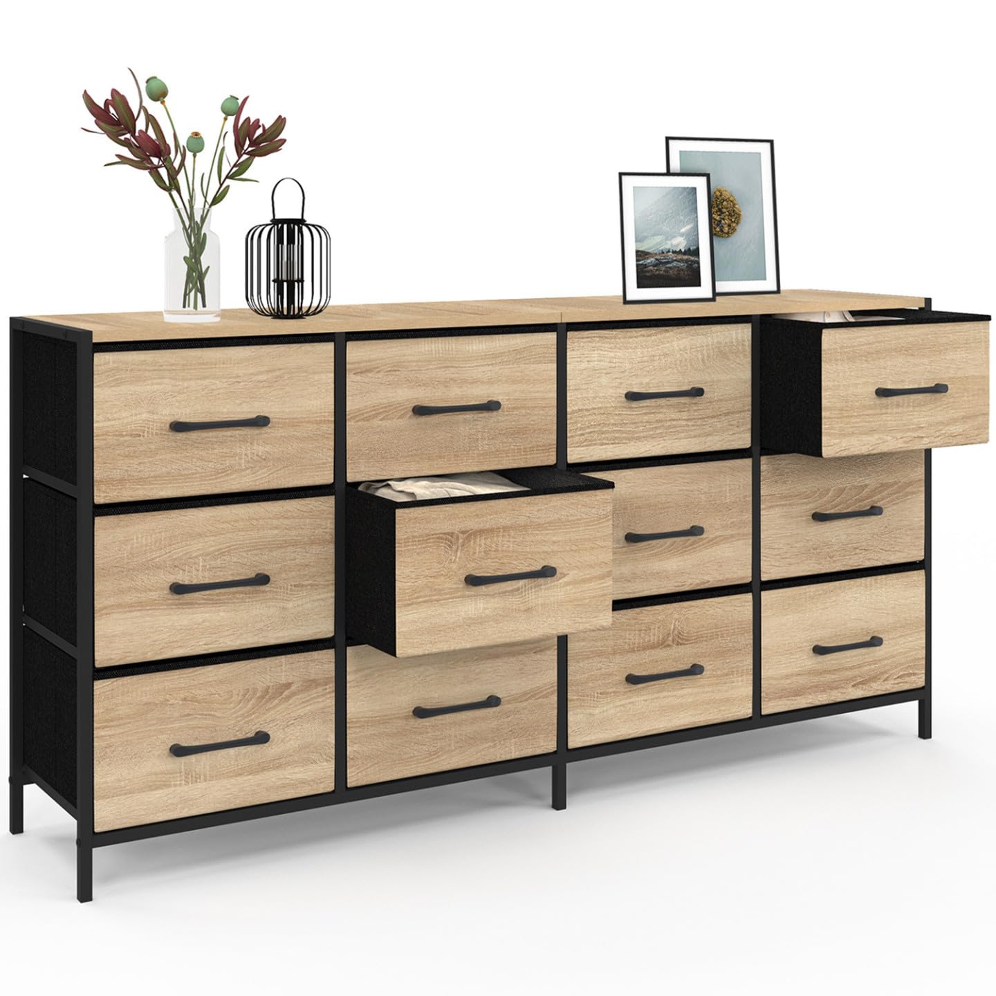 IDMarket - Cómoda de 12 cajones en tela Utah de 140 cm, mueble de almacenamiento de diseño industrial